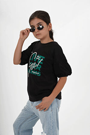 Kız Çocuk Süprem Kumaş Bisiklet Yaka Baskılı Tshirt
