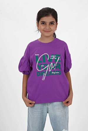 Kız Çocuk Süprem Kumaş Bisiklet Yaka Baskılı Tshirt