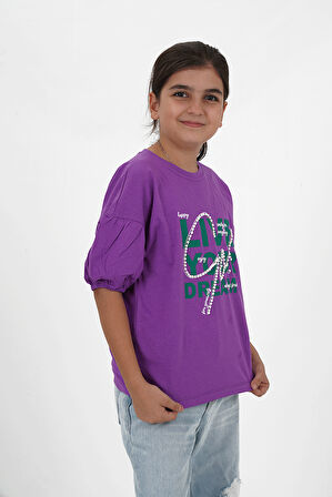 Kız Çocuk Süprem Kumaş Bisiklet Yaka Baskılı Tshirt