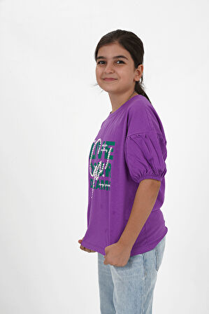 Kız Çocuk Süprem Kumaş Bisiklet Yaka Baskılı Tshirt