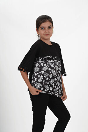 Kız Çocuk Süprem Kumaş Bisiklet Yaka Desenli Tshirt