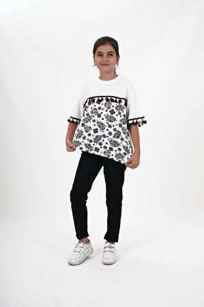 Kız Çocuk Süprem Kumaş Bisiklet Yaka Desenli Tshirt