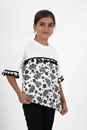 Kız Çocuk Süprem Kumaş Bisiklet Yaka Desenli Tshirt