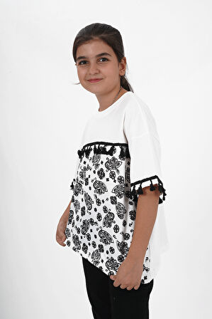 Kız Çocuk Süprem Kumaş Bisiklet Yaka Desenli Tshirt