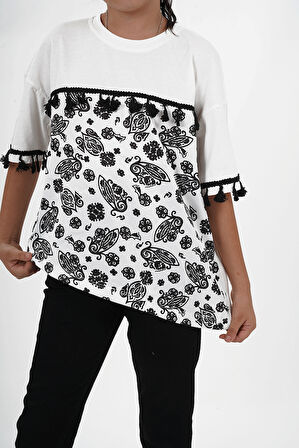 Kız Çocuk Süprem Kumaş Bisiklet Yaka Desenli Tshirt