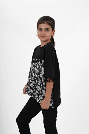 Kız Çocuk Süprem Kumaş Bisiklet Yaka Desenli Tshirt