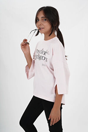 Kız Çocuk Süprem Kumaş Bisiklet Yaka Baskılı Tshirt