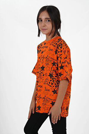 Kız Çocuk Turuncu Süprem Kumaş  Bisiklet Yaka Baskılı Tshirt