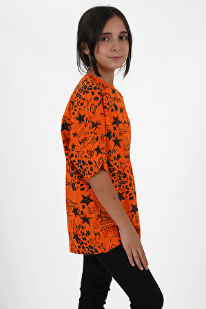 Kız Çocuk Turuncu Süprem Kumaş  Bisiklet Yaka Baskılı Tshirt