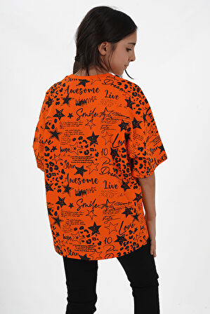 Kız Çocuk Turuncu Süprem Kumaş  Bisiklet Yaka Baskılı Tshirt