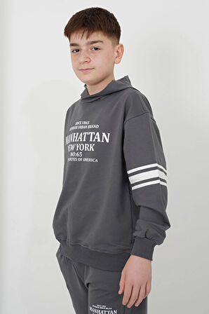 Erkek Çocuk İki İplik Kumaş Kapüşonlu Baskılı Eşofman Takımı