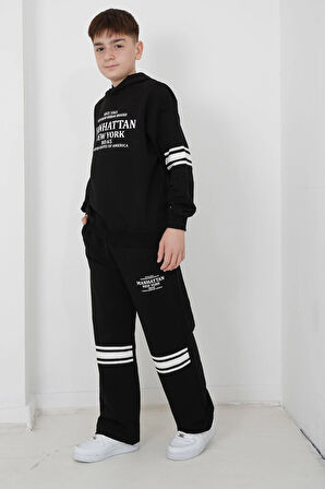 Erkek Çocuk İki İplik Kumaş Kapüşonlu Baskılı Eşofman Takımı