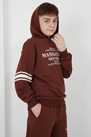 Erkek Çocuk İki İplik Kumaş Kapüşonlu Baskılı Eşofman Takımı
