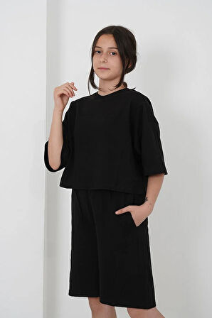 Kız Çocuk İki İplik Kumaş Bisiklet Yaka Şortlu Takım