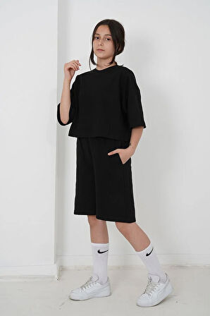 Kız Çocuk İki İplik Kumaş Bisiklet Yaka Şortlu Takım