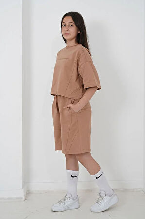 Kız Çocuk İki İplik Kumaş Bisiklet Yaka Şortlu Takım