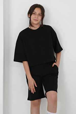 Kız Çocuk İki İplik Kumaş Bisiklet Yaka Şortlu Takım