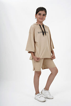 Kız Çocuk İki İplik Kumaş Kapüşonlu Şortlu Takım