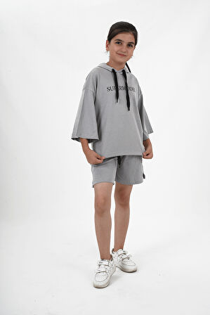 Kız Çocuk İki İplik Kumaş Kapüşonlu Şortlu Takım