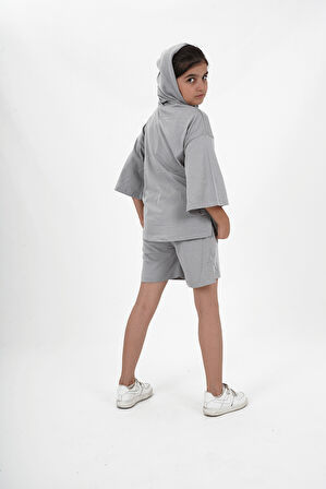 Kız Çocuk İki İplik Kumaş Kapüşonlu Şortlu Takım