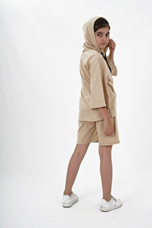 Kız Çocuk İki İplik Kumaş Kapüşonlu Şortlu Takım