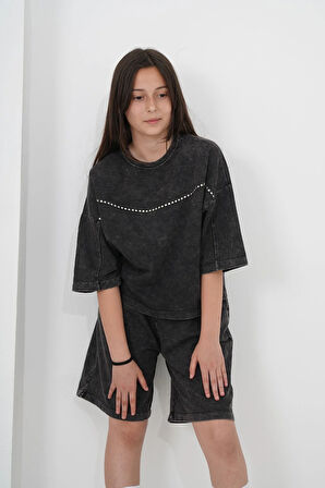 Kız Çocuk Oversize Yıkamalı İki İplik Kumaş Şortlu Takım