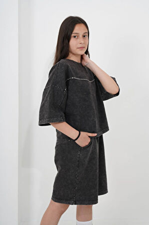 Kız Çocuk Oversize Yıkamalı İki İplik Kumaş Şortlu Takım