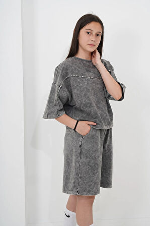 Kız Çocuk Oversize Yıkamalı İki İplik Kumaş Şortlu Takım