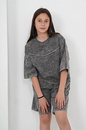 Kız Çocuk Oversize Yıkamalı İki İplik Kumaş Şortlu Takım