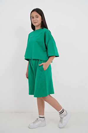 Kız Çocuk Yeşil İki İplik Kumaş Bisiklet Yaka Şortlu Takım