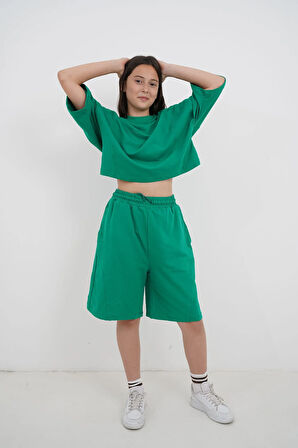 Kız Çocuk Yeşil İki İplik Kumaş Bisiklet Yaka Şortlu Takım