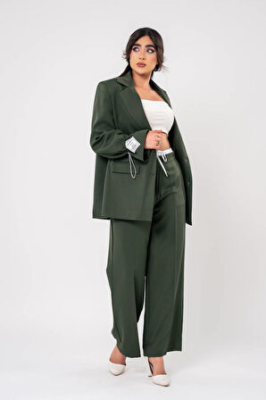 Etiket Baskılı Kol Detaylı Blazer Ceket Palazzo Pantolon Takım TKM16014