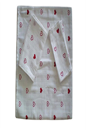 More Home Çok Amaçlı  Müslin Bez Battaniye Set 5 Parça  Kalp Desenli Beyaz Kırmızı