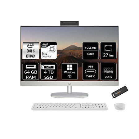 HP 27-CR0009NT i5 1335U 64GB 4TB SSD Intel Graphics 27" FHD IPS W11P All In One PC Beyaz & PER4