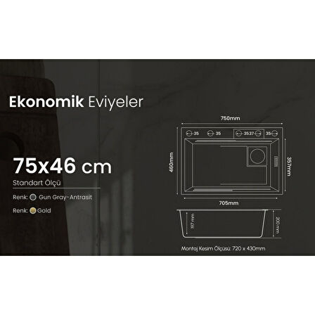 GL General EKO GLC SS304 Gold Bardak Yıkama Şelale Eviye 75x45