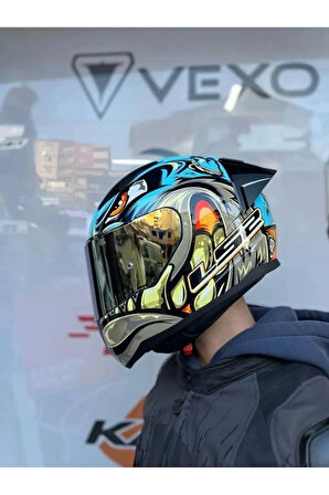 Rapıd 2 Race Neo Mavi-sarı Kask Spoıler Gold Cam(ŞEFFAF GOLD CAM)