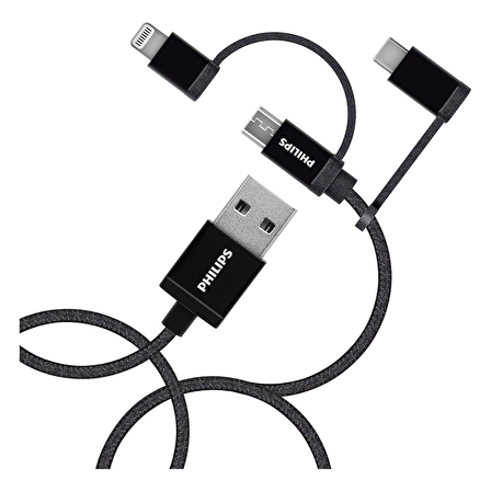 Philips MFİ Apple Lisanslı DLC3106T 3in1 Micro Usb-Lightining-Type-C Şarj ve Data Kablosu 2m Siyah