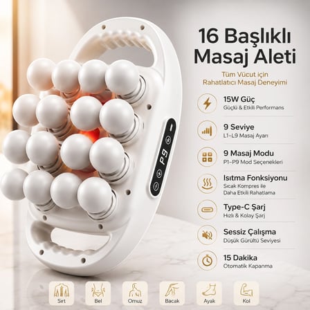 16 Başlıklı Isıtmalı Masaj Aleti 9 Seviye 9 Mod Sıcak Kompres Type-C Şarjlı Dijital Ekranlı Tüm Vücut Masaj Cihazı
