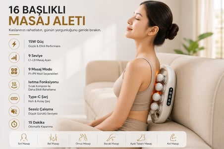 16 Başlıklı Isıtmalı Masaj Aleti 9 Seviye 9 Mod Sıcak Kompres Type-C Şarjlı Dijital Ekranlı Tüm Vücut Masaj Cihazı