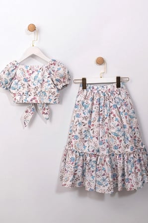 Kız Çocuk Çiçek Desenli Crop Bluz ve Kat Kat Uzun Etek Takımı 2'li Yazlık Set