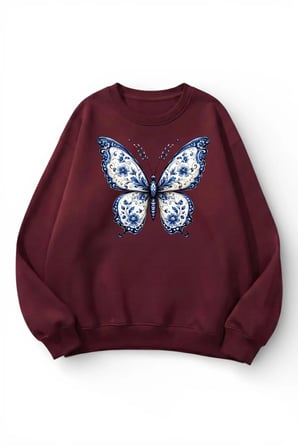 Unisex Yumuşak Dokulu Kelebek Baskılı Tasarım Oversize 3 İplik Bisiklet Yaka Sweatshirt