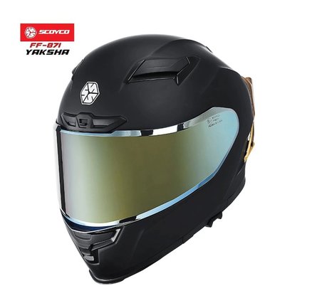 Scoyco FF-871 Yaksha Mat Siyah-Gold Güneş Vizörlü Kapalı Kask (Gold Camlı)