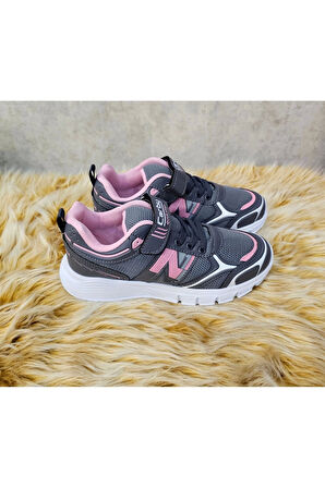 Çocuk Unisex Gri Pembe Rahat Kalıp Nefes Alabilen Kumaş Bağcıklı Spor Ayakkabı
