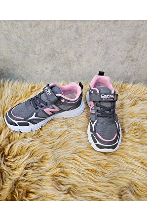 Çocuk Unisex Gri Pembe Rahat Kalıp Nefes Alabilen Kumaş Bağcıklı Spor Ayakkabı