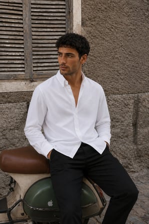 Erkek Minimal Baskılı Oversize Dokulu Gömlek Beyaz