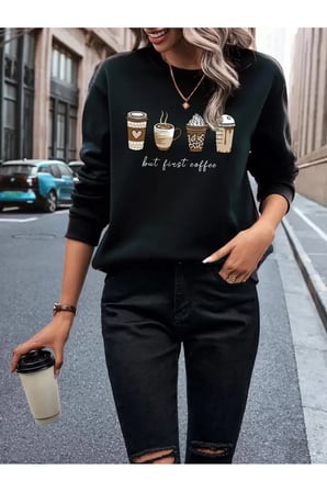 Unisex Butcoffee Baskılı Bisiklet Yaka Sweatshirt