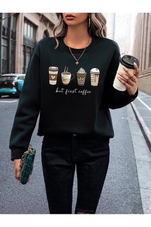 Unisex Butcoffee Baskılı Bisiklet Yaka Sweatshirt