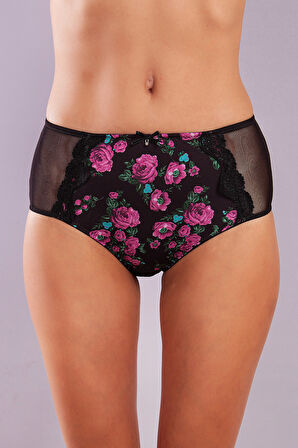 Golshan Gardenia Control Slip, Kadın Dantelli Çiçek Baskılı Siyah Yüksek Bel Külot