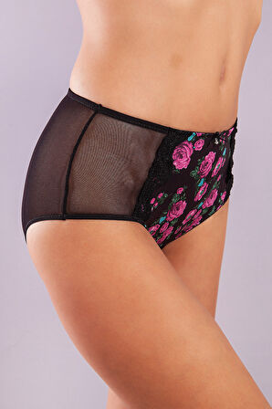 Golshan Gardenia Control Slip, Kadın Dantelli Çiçek Baskılı Siyah Yüksek Bel Külot