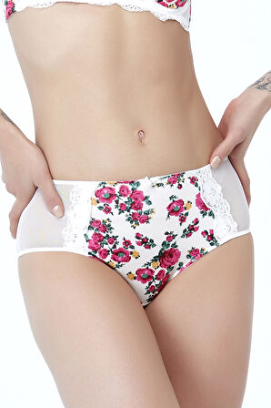 Golshan Gardenia Control Slip, Kadın Dantelli Çiçek Baskılı Ekru Yüksek Bel Külot
